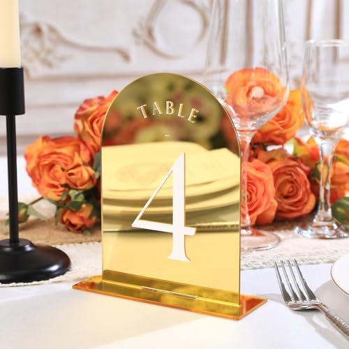 UNIQOOO Gold Mirror Arch Wedding Table Numbers with Stands 1-20, 5x7 Acrylic Display Signs and Holders, Pack of 20, Perfect for Centerpiece, Reception, Decoration, Party, Anniversary, Event - Image 2