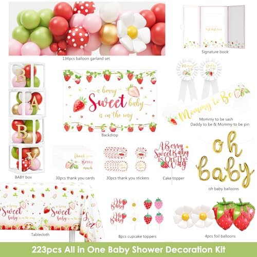 Strawberry Baby Shower Decorations Party Supplies, A Berry Sweet Baby Is On The Way Decor, It's a Girl Gender Reveal, Baby Shower Backdrop Balloon Arch Box Mom to Be Sash Tablecloths Cake Topper - Image 2