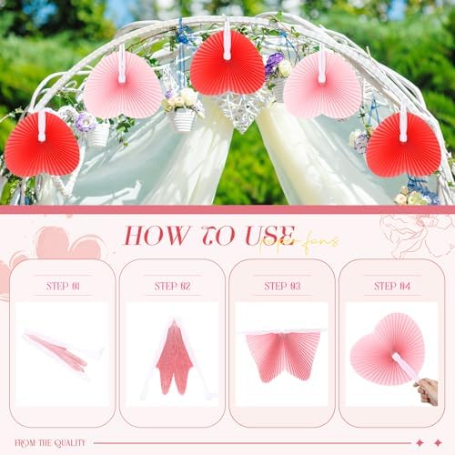 Blulu 60 Pack Wedding Heart Folding Hand Fans Decor Bulk, Red Pink - Image 4