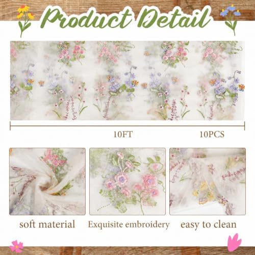 Ivory White Floral Table Runner 10ft Embroidery Tulle Spring Wildflower Gauze Table Runner Seasonal Summer Butterfly Kitchen Dining Decoration for Wedding Baby Shower Birthday Party (10 Pcs) - Image 2