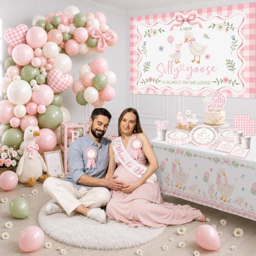 Silly Goose Baby Shower Decorations, All-in-one Silly Goose Birthday Decorations with Backdrop Plates Napkins Banner Silly Goose Balloon Arch, for Goose Baby Shower - Image 2