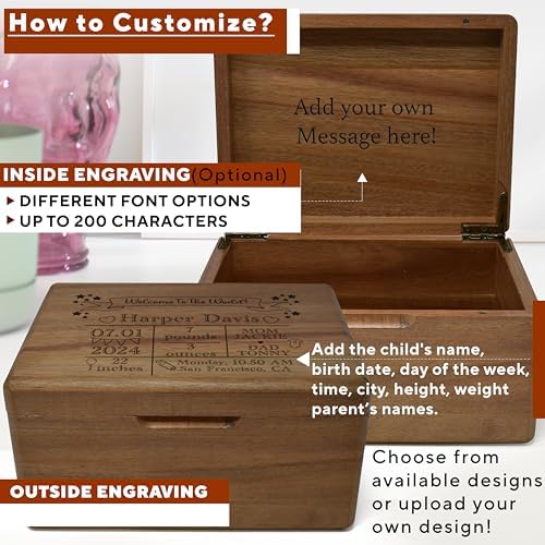 Baby Keepsake Box, Personalized Newborn Memory Box, Acacia Wood - Image 2