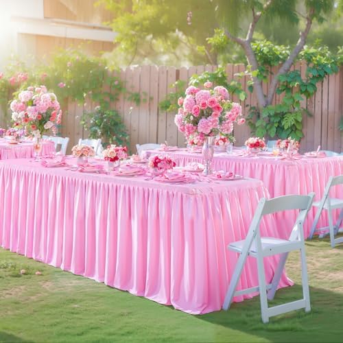 Wish Care Pink Polyester Table Clothes for 8 Foot Rectangle Tables, Wrinkle Free Fitted Table Cover with Pleated Ruffle Table Skirt for Birthday Party Wedding Trade Show Event Display - Image 2