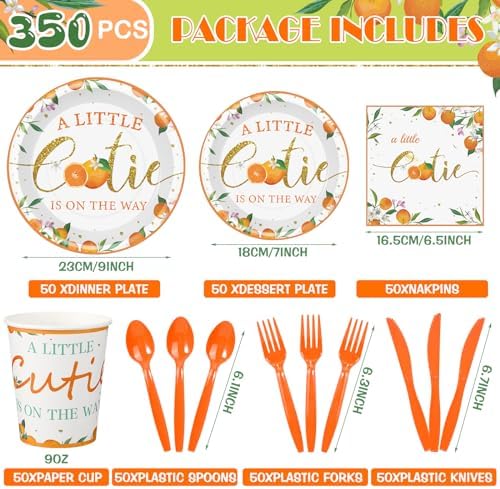 Dandat 350 Pcs Baby Shower Set, Little Cutie, Orange - Image 4