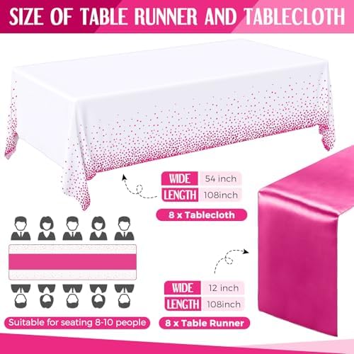 Tudomro 16 Pack White and Hot Pink Plastic Tablecloths Satin Runner Set - Image 2