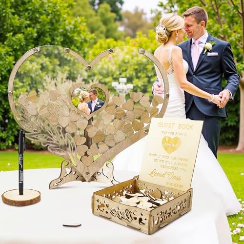 Wedding Guest Book Alternative, Rustic Heart Shaped Wooden Guest Book with 100 Wooden Hearts Tree for Wedding Party Birthday, Personalized Wedding Decor with Guest Sign-In Box & Heart Frame for Photo - Image 5