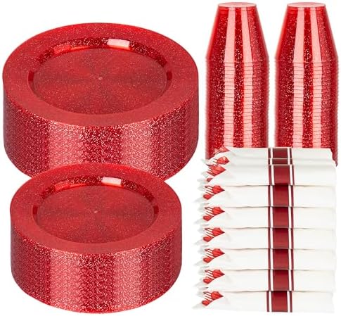 DaYammi 350PCS Red Glitter Plastic Dinnerware Set for 50 Guests by DaYammiwillaccompanyyou