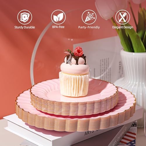 Lullaby 90pcs High End Gold Plastic Silverware with Pink Handle with 60PCS Pink Scalloped Plastic Plates with Gold Rim - Image 7