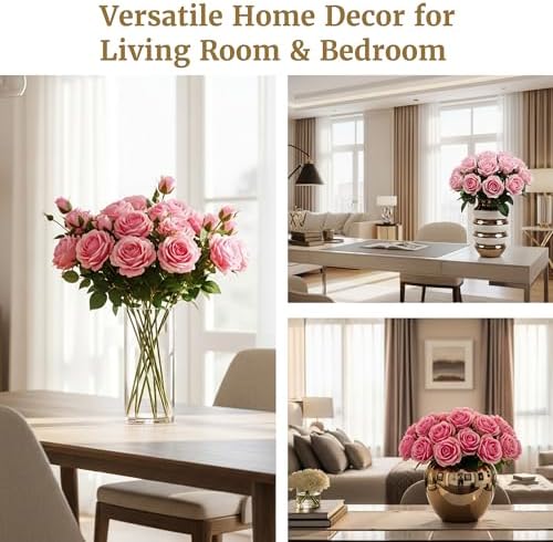 Auihiay 60PCS Pink Roses, Artificial Roses, Fake Roses, Velvet Silk - Image 6