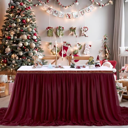 Burgundy Table Skirt 14FT Chiffon Table Skirting 2 Layer Rectangle Green Tablecloth for Birthday Baby Shower Wedding by QueenDream