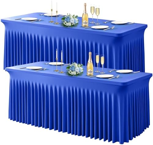 Wish Care 2 Pack Royal Blue Spandex Table Clothes for 6 Foot Rectangle Tables, 6FT Wrinkle Free Fitted Tablecloths Ruffles Design Table Cloth for Party, Banquet, Wedding and Events by WishCare