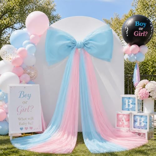 Canlierr Extra Large Pink and Blue Organza Bow Gender Reveal Decorations 39 x 59 Inch Giant Pink Blue Tulle Bow with Tie and Long Ribbon Tails for Wedding Valentines Party Backdrop Room Wall Decor by Canlierr