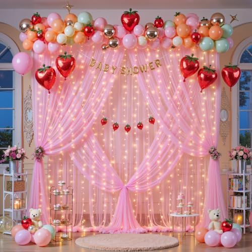20ft x 10ft Pink Tulle Photo Backdrop Curtain with Lights String for Baby Shower Sheer Baby Pink Curtain Backdrop for Birthday Party Wedding Photo Booth Photography Background Decorations - Image 5