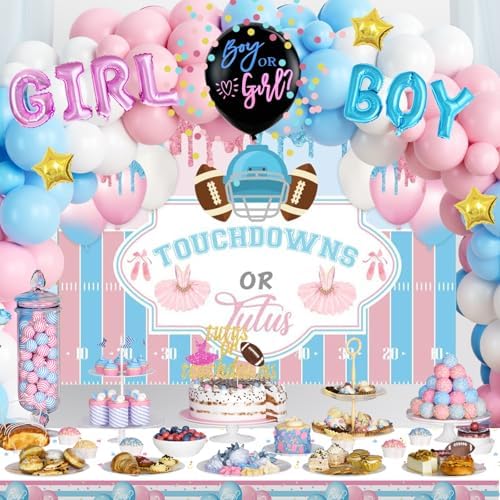 Touchdowns or Tutus Gender Reveal Decorations, Pink Blue Boy or Girl Party Supplies Backdrop Banner Balloon Garland Tablecloth Cake Topper Plate Napkin Cup Straw Knife Spoon Fork Sash 230 PCs - Image 5