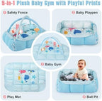 5-in-1 Tummy Time Mat Baby Activity Gym with Cartoon Pattern, Extra Thick Plush Play Floor Mat, Featuring Hanging Toys, Ocean - Image 2