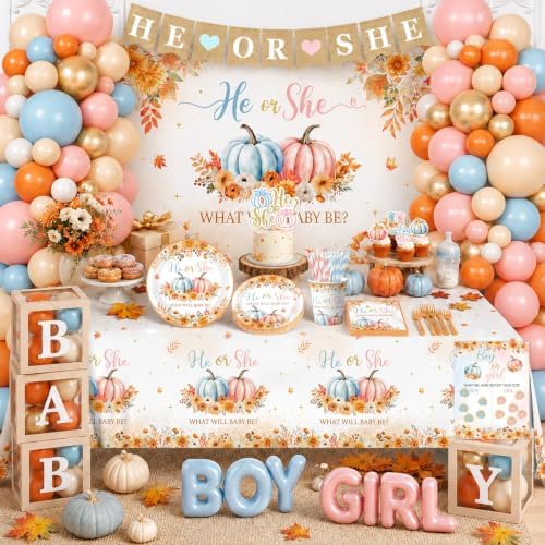Pumpkin Gender Reveal Decorations,Fall Theme Party He or She What Will Our Little Pumpkin Be Plates,Napkins,Balloon Arch,Box Tablecloth for Autumn Thanksgiving Gender Reveal - Image 4