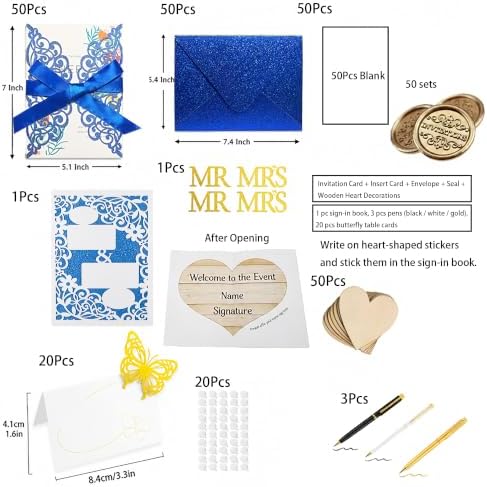 50Pcs Laser Cut Blue Wedding Invitation With Glitter Envelopes And Ribbons Blank Personalized Card Invitaciones Para quinceañera Birthday Baby Shower Christmas Party Bridal Shower - Image 2