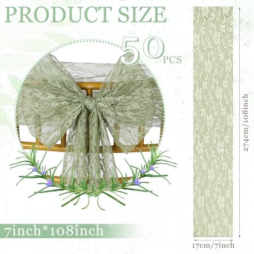 VitalCozy 50 Pack Sage Green Lace Chair Sashes with Bows Wedding Decor - Image 2