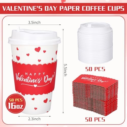 Whaline 50 Pcs Valentine's Day Disposable Coffee Cups with Lids and Sleeves Red Mini Love Heart Paper Drinking Cups for Wedding Anniversary Party Supplies - Image 2