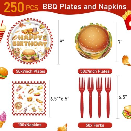 250 Pcs BBQ Birthday Plates and Napkins, 50 Guests Disposable Tableware - Image 2