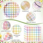 Funnymoom 400 Pcs Pastel Gingham Party Supplies for 50 Guests Pastel Pink Blue Yellow Checked Paper Plates and Napkins Cups Disposable Dinner Parties Set Cutlery for Holiday Spring Party Favor - Image 2