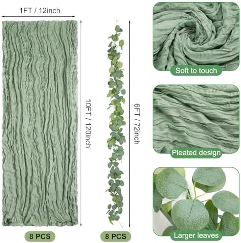 Leinuosen 8 Set 10 ft Sage Green Table Runner with Eucalyptus Garland - Image 2