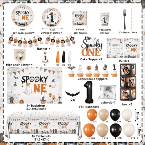 Spooky One Birthday Decorations Boy,276pcs Halloween 1st Birthday Kit Plates And Napkins Cups Banner Backdrop Tablecloth Cake Topper Balloon For First Birthday Decorations for Boy - Image 6