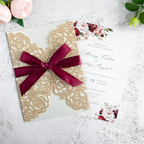 ponatia 25PCS Hollow Rose Laser Cut Wedding Invitations Cards with Envelopes, Printable Paper with Burgundy Ribbons For Wedding Bridal Shower Engagement Sweet 16 Birthday Invite (Gold Glitter) - Image 3