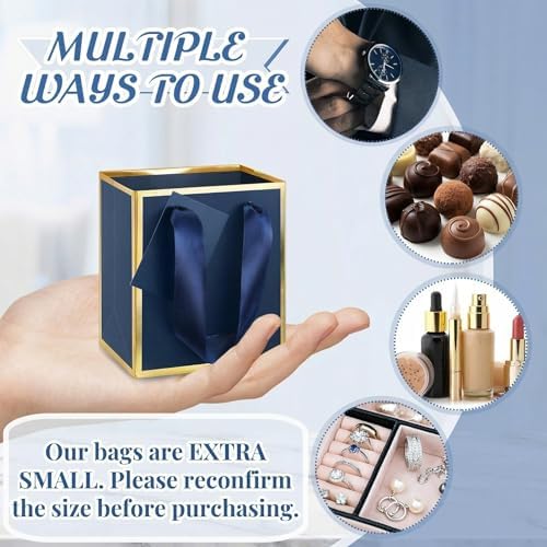 Yeaqee 100 Pcs Mini Paper Gift Bags with Handles Tag, Navy Blue, Gold - Image 3