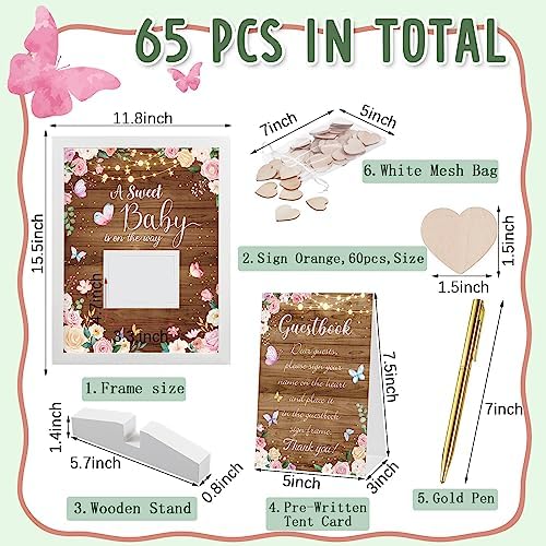 Kosiz Baby Shower Guest Book Frame, 60 Guests Wooden Hearts, Wood Floral - Image 2