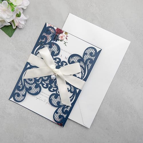 20Pcs Personalized Wedding Invitation, Customized Navy Blue Laser Cut Invitation Cards With Envelopes Rhinestone Pearls and Ribbons For Wedding XV Anos Quinceanera Invitation - Image 6