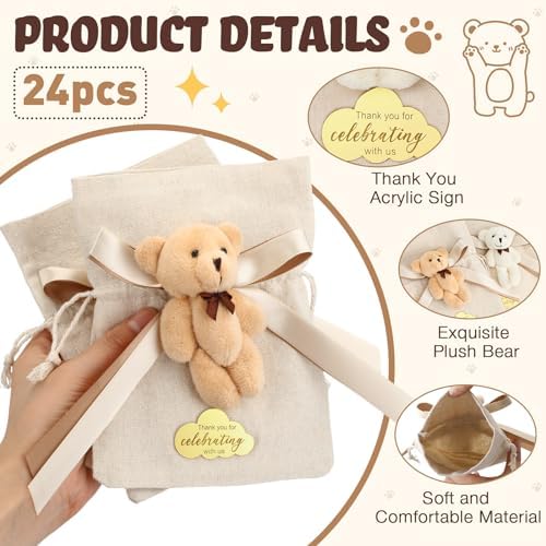 Shinylin 24 Pcs Bear Gift Bag Bulk for Baby Shower Guest Favor 5.3 x 7.1 Inches Candy Cute Plush Bear Drawstring Bag with Bow Thank You Acrylic Sign for Baby Boy Girl Party Decorations(Beige) - Image 3