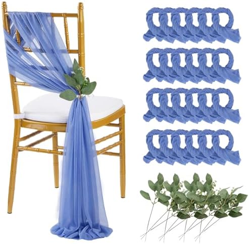 QueenDream Dusty Blue Sashes Wedding Chair Decorations: 24PCS Tulle Chairs Cover Bands Aisle Sheer Chair Bows for Indoor Outdoor Ceremony Banquet by QueenDream