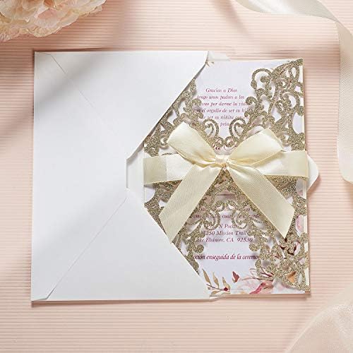 50Pcs Glitter Floral Laser Cut Wedding Invitation Cards Blank with Envelope - Image 3