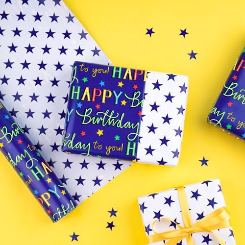 WRAPAHOLIC Jumbo Reversible Birthday Wrapping Paper - 30 Inch x 100 Feet Jumbo Roll - Colorful Happy Birthday Lettering and Stars Design for Bday Party, Baby Shower, Holiday - Image 5
