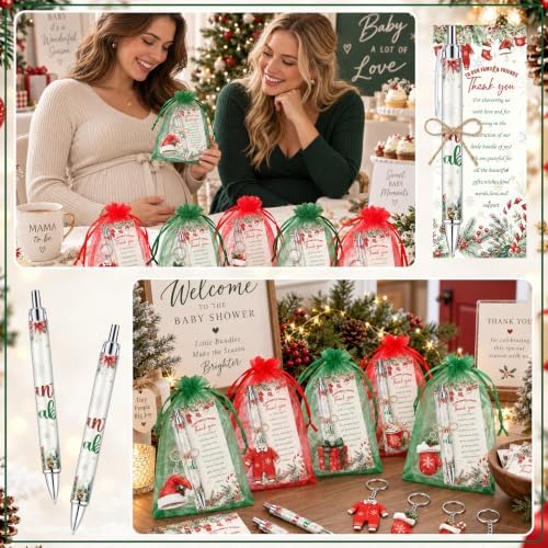 145 Pcs Christmas Santa Baby Shower Favors for Guests, Retractable Ballpoint Pens, Keychains, Thank You Cards, Gift Bags & Twine, Gender Reveal Party Souvenirs, Holiday Baby Shower Prizes Bulk - Image 6