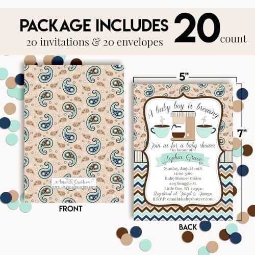 Amanda Creation 20 Custom Baby Shower Invitations with Envelopes – Personalized A Baby is Brewing Coffee Bean Themed Invite Set for Baby Boy, 5x7 Custom Cards, Made in USA - Image 4