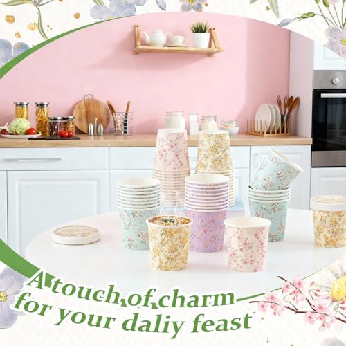 Roshtia 60 Pack Floral Themed Ice Cream Cups, 16 oz Disposable Soup Cups Microwave Safe for Floral Themed Birthday Party Women Bridal Wedding Tea Party Baby Shower, Hot or Cold Food - Image 6