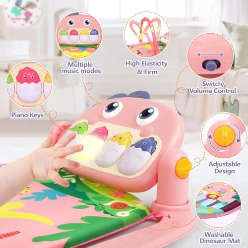 UMIKU Baby Play Mat Tummy Time Mat Gym Girl Activity Center, Pink Dinosaur - Image 7