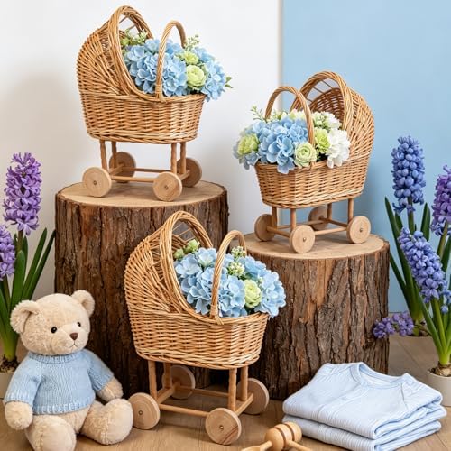 Vintage Woven Rattan Baby Carriage Basket – Handcrafted Wicker Stroller for Baby Shower, Flower Girl Basket, Baby Things, Rustic Home Decor, Photography Props, Floral Arrangements (Large) - Image 3