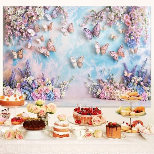 10X8FT Purple Butterfly Floral Backdrop Elegant Flowers Photography Background for Girls Princess Butterfly Theme Birthday Baby Shower Events Party Decor Table Cake Photo Backdrops Photo Booth Prop - Image 2