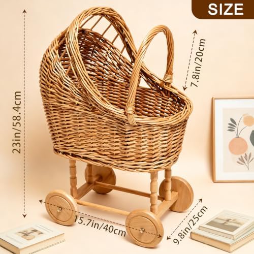 Vintage Wicker Baby Carriage Decor，Woven Rattan Stroller Flower Basket Cart for Wedding Centerpieces, Baby Shower Party Supplies & Nursery Floral Arrangement Props Floral Rustic Home Decor - Image 2