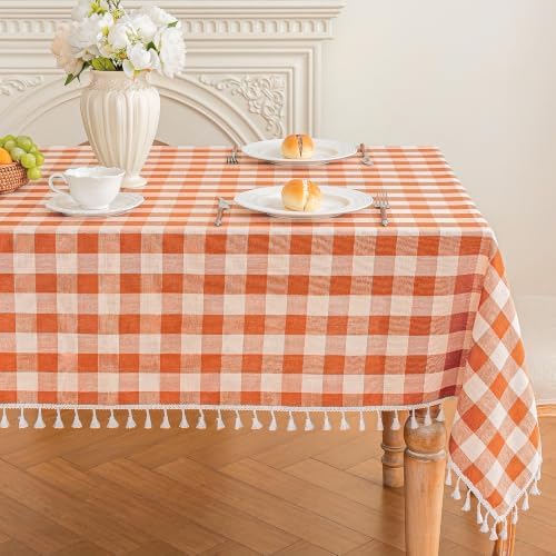 Orange Gingham Tablecloth Rectangle, Cotton Linen Checkered, 55x106 Inch by Moinubone