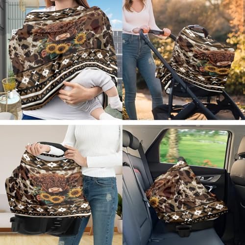 Highland Cow Sunflower Boho Carseat Canopy for Babies Multi-use Nursing Carseat Canopy Nursing Pillow Cover for Baby Boy Girl Breastfeeding Essentials - Image 2