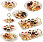 INSYOHO 6pcs Dessert Table Display Set - 3-Tier Cupcake Stand, Round Trays, Rectangular Treat Food Serving Trays, Gold Clear Tiered Dessert Stand Cup Cake Tower for Birthday Baby Shower Tea Party by INSYOHO