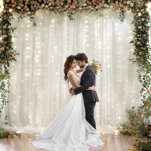 20x10ft Cream White Chiffon Backdrop Curtain with Lights String for Wedding Sheer Tulle Curtain Photo Backdrops Drapes for Baby Shower Birthday Party Ceremony Decorations - Image 3