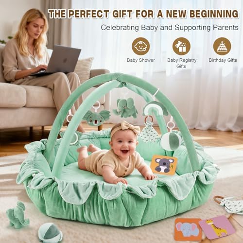 5-in-1 Baby Activity Gym & Play Mat with 6 Hanging Toys, Tummy Time Mat & Cards - Extra Large, Reversible Machine Washable Pad - Gift for Newborns, Infants 0-12 Months, Sage Green - Image 7