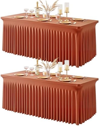 2 Packs Terracotta Spandex Tableclothes for 4 Foot Rectangle Tables, Wrinkle Free 4ft Fitted Table Cover Stretch Table Cloth Desk Skirt for Weddings Baby Shower Birthday Party Banquet Decorations by PartyTalk