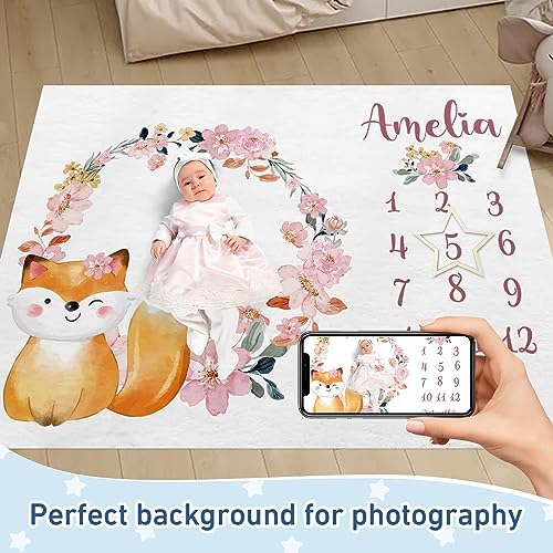 Personalized Baby Monthly Milestone Blanket Boy or Girl - Fox Months Blanket with Wood Frame and Newborn Wooden Sign - Growth Chart Milestone Blanket 1-12 Month Milestones - Image 2