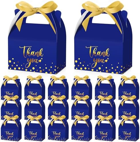 Engrowtic 50 Pcs Thank You Paper Boxes Ribbon Gift Treat Boxes with Handles 5.9 x 3.5 x 3.5 Inch Gold Foil Print for Graduation Wedding Baby Shower Holiday Party(Royal Blue) by Engrowtic
